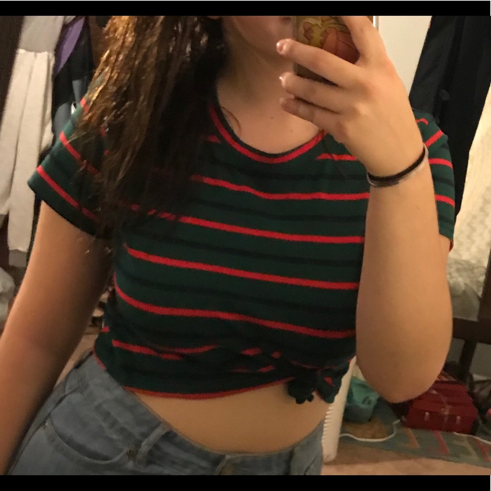 Black, green, red striped crop top.